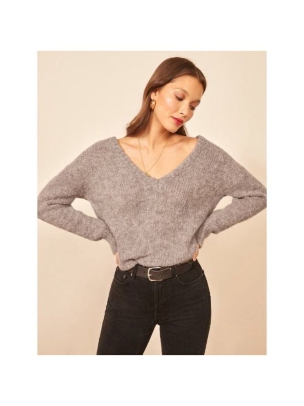 Reformation Amelia Large Gray Alpaca Blend Oversized Deep V-Neck Knit Sweater